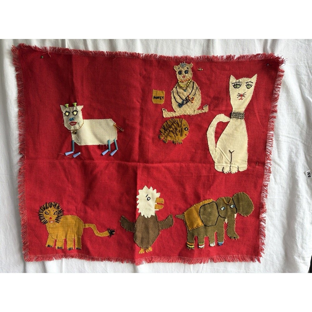 1970Hand Embroidered Folk Art Animal Textile Wall Hanging Hand Loomed Boho Decor